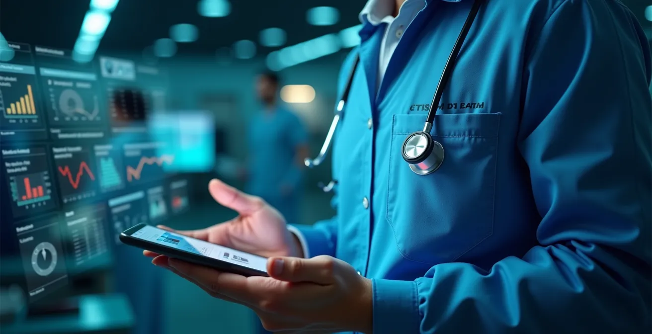 Environmental concept shot showing interconnected digital health tools forming a seamless ecosystem