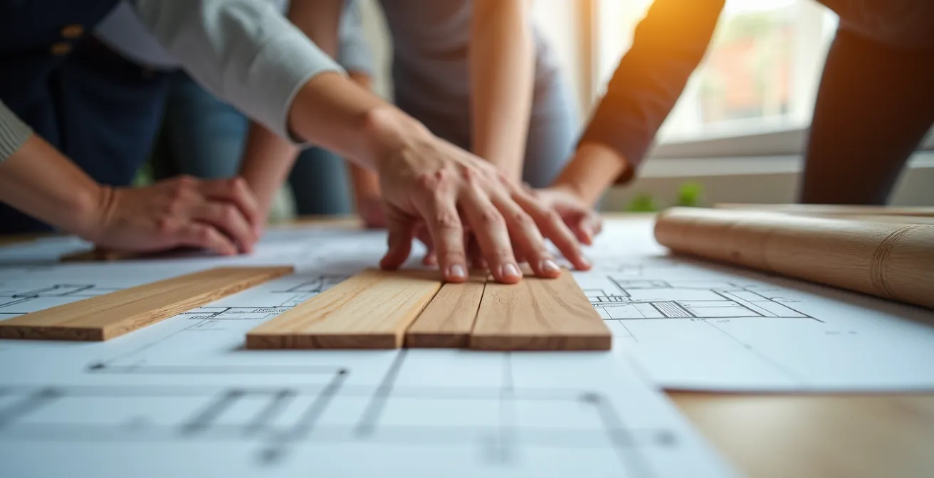 Close-up of diverse hands coming together over architectural blueprints and material samples in a bright meeting room