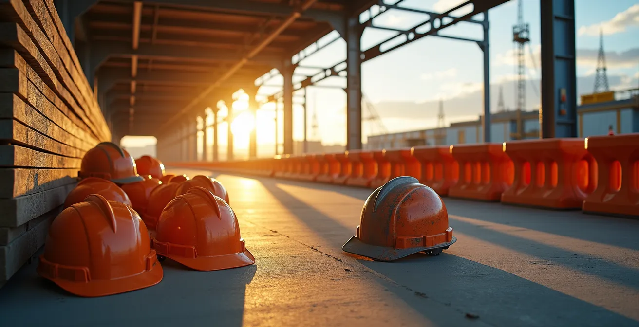 Wide shot of construction site safety equipment and materials organized under protective scaffolding with dramatic morning light