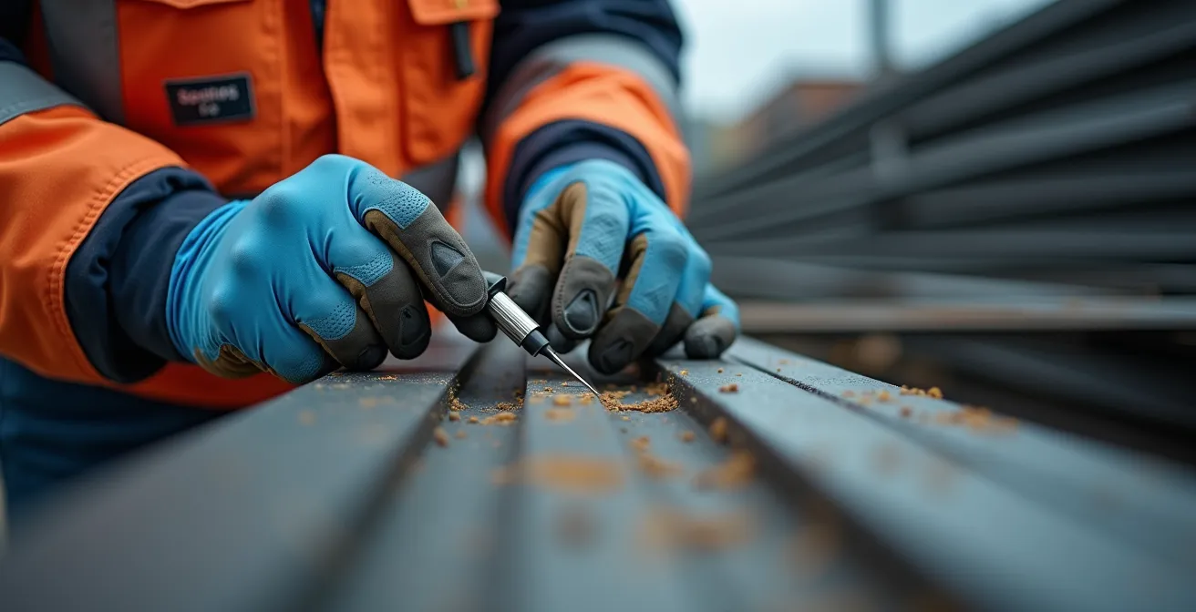 Quality control inspector examining roofing materials on construction site