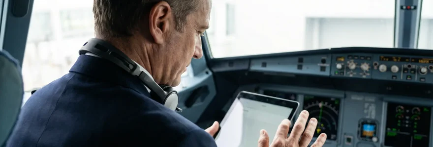Professional pilot in cockpit reviewing insurance documents on tablet device