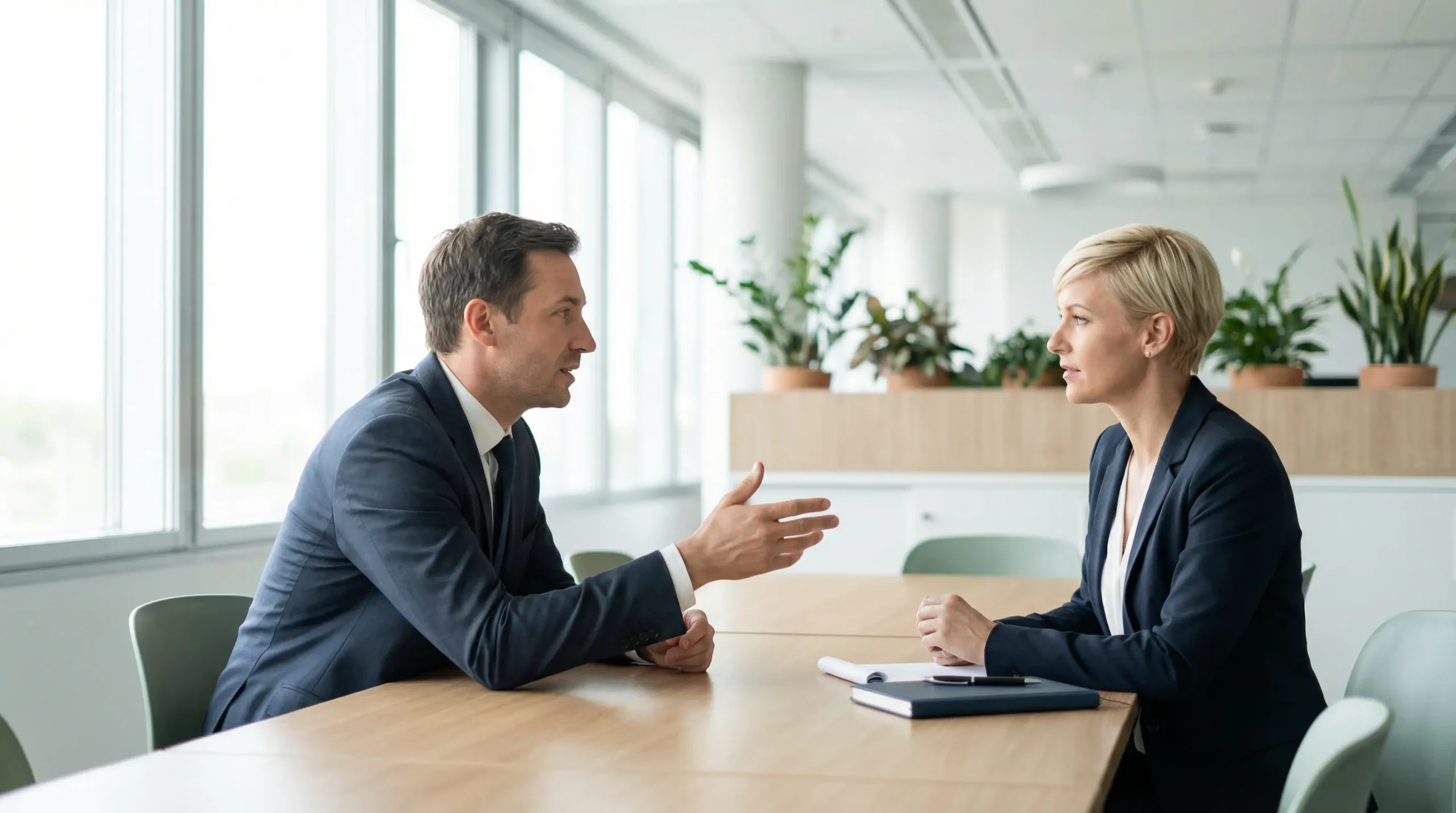 Insurance adviser and pilot discussing coverage options in modern office